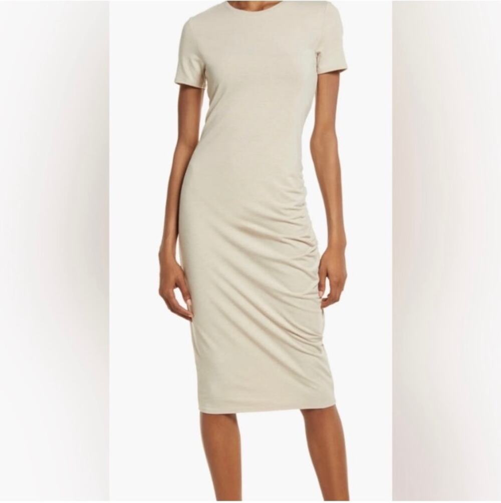 ⁠Treasure & Bond Side Ruched T-Shirt Midi Dress NWT Beige Oatmeal Medium⁠